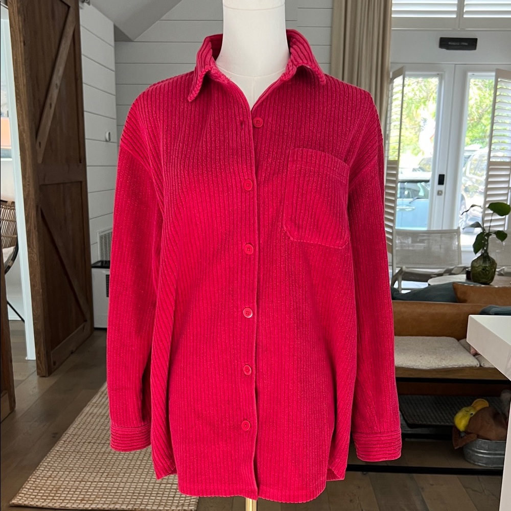 90’s red cord butto down top, size small but runs oversized … very soft !!
